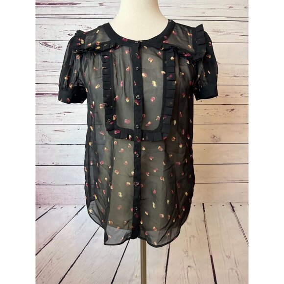 ModCloth Blouse Prairie‎ Shirt Short Sleeve Sheer Button Front Puff Sleeve Small - Picture 7 of 12